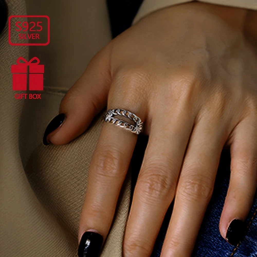 1pc Vintage-Inspired 925 Sterling Silver Adjustable Open Ring for Women Geometric Chain Design, Hip Hop & Casual Attire Accessory, Party Jewelry, Durable Adjustable Ring