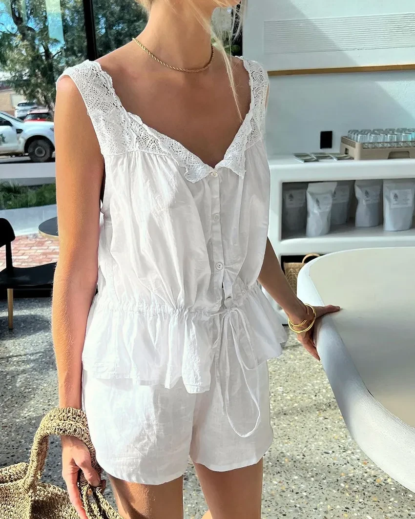 Lace Spaghetti-strap Ruffle Top And Shorts Two-piece Cotton Home Wear