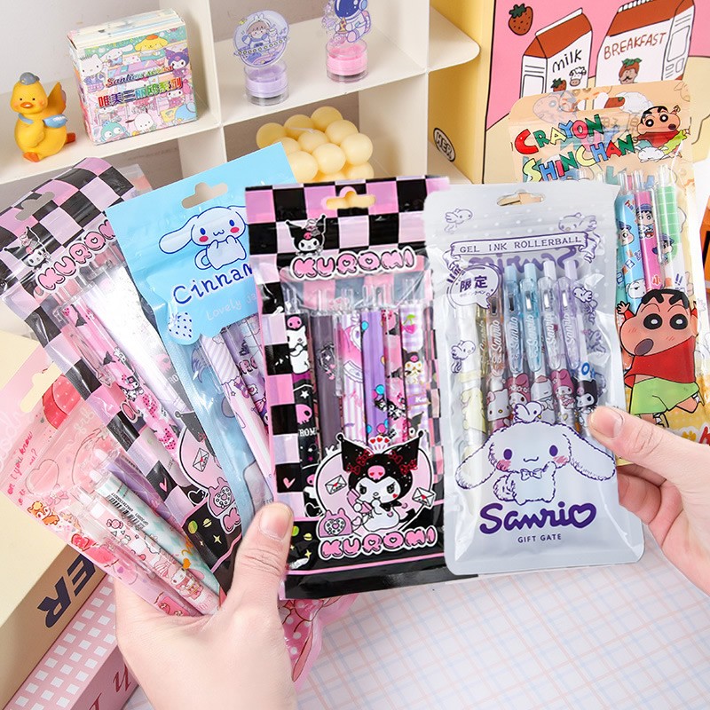 6Pcs/Set Kawaii Sanrio Hello Kitty 0.5mm Gel Pens  Cute Kuromi Press Gel Pen Cartoon Kids School Student Stationery Supplies Gift