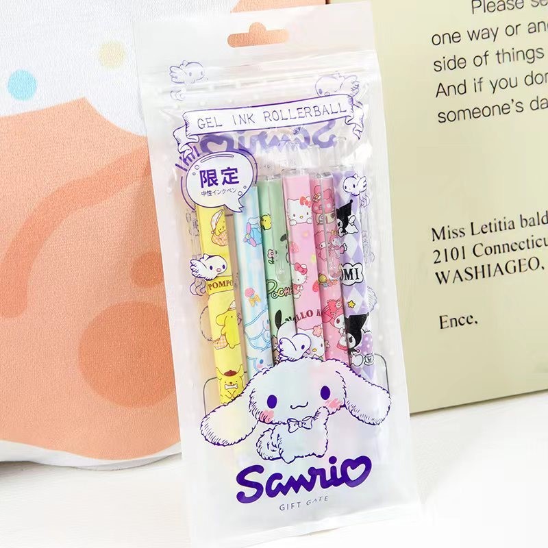 6Pcs/Set Kawaii Sanrio Hello Kitty 0.5mm Gel Pens  Cute Kuromi Press Gel Pen Cartoon Kids School Student Stationery Supplies Gift