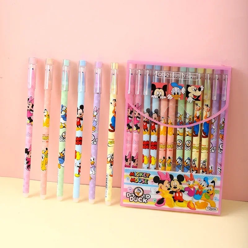 Disney 12pcs Gel Pen Cartoon Mickey Minnie Shape Children's Prize 0.5mm Black Pen for Office Supplies and Student Stationery