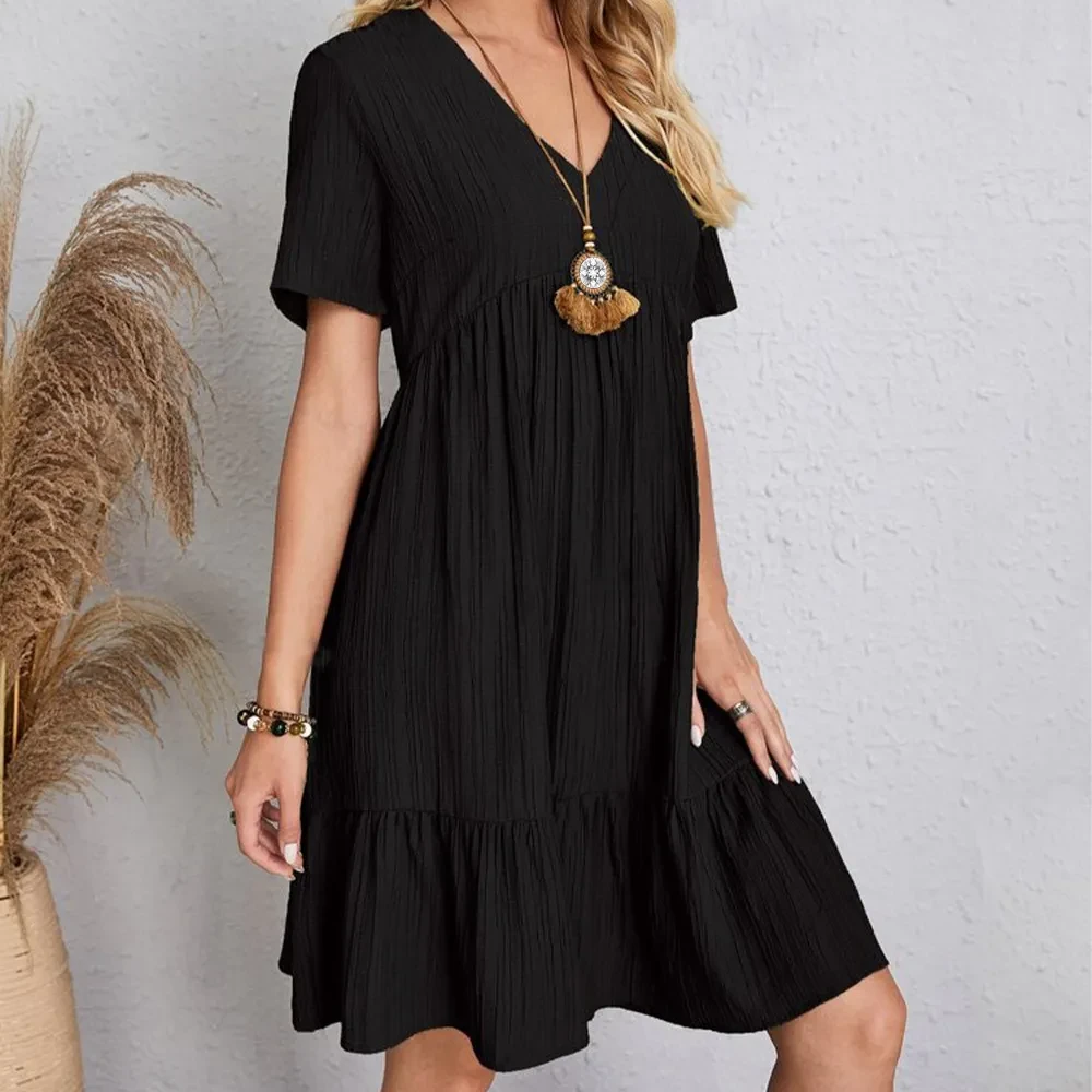 V-neck Short Sleeve Dress Summer Fashion Casual Loose Ruffled Dresses Beach Clothing Women