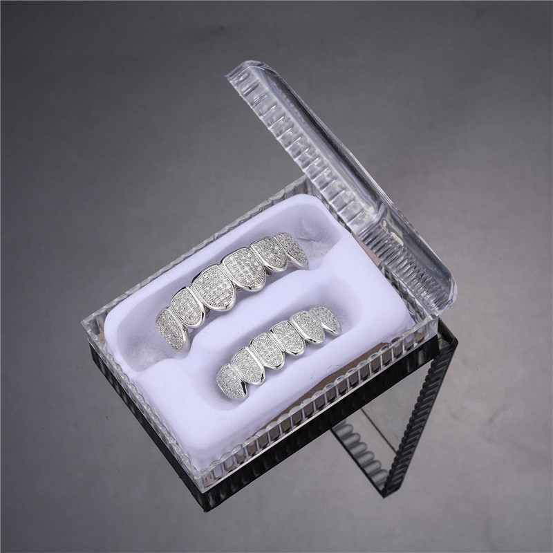 Feel Style Cool Teeth Grillz Set for Unisex Cubic Zirconia Stone Top & Bottom Grillz,