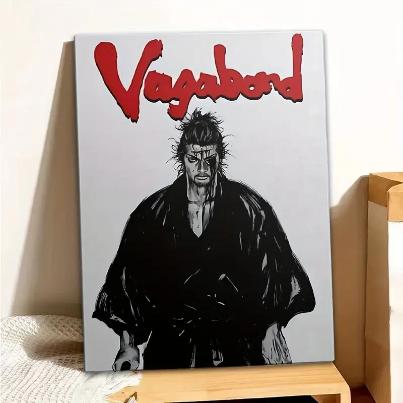 1pc Vagabond Samurai Warrior Anime Framed Canvas Art Print Stylish Black & White Design with Red Accents