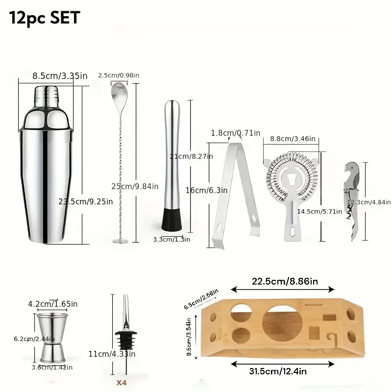 12-Piece Premium Cocktail Shaker Set With Bamboo Stand For Bartenders