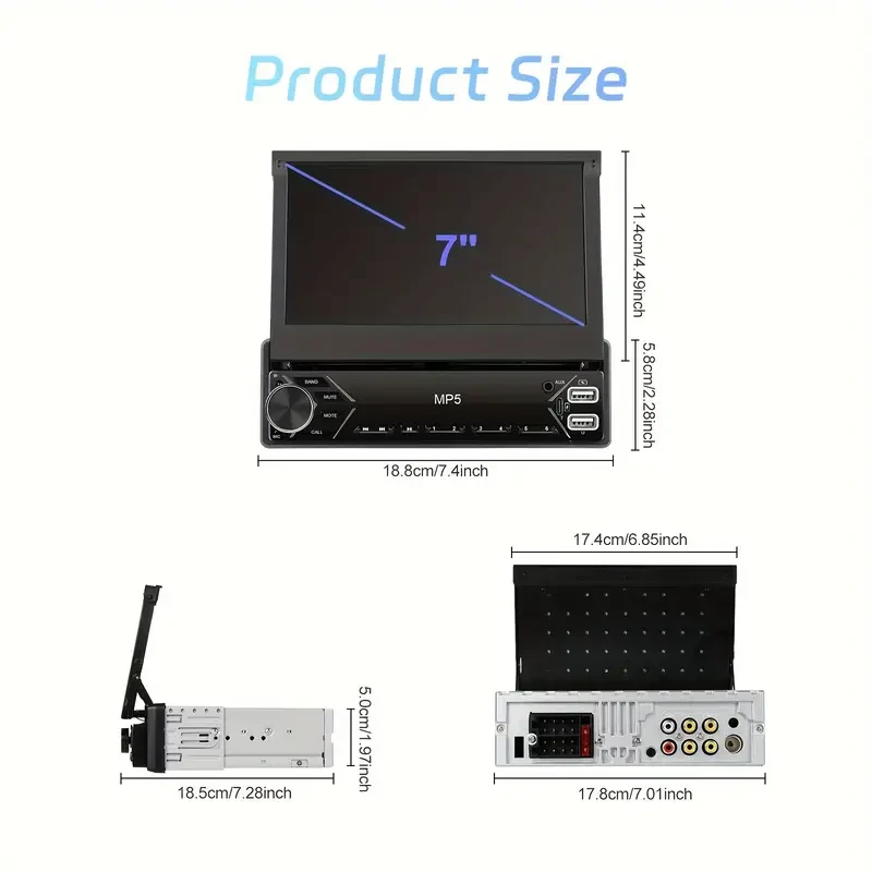 1DIN 17.78cm HD EQ Manual Retractable Monitor Car Radio Universal MP5 Stereo