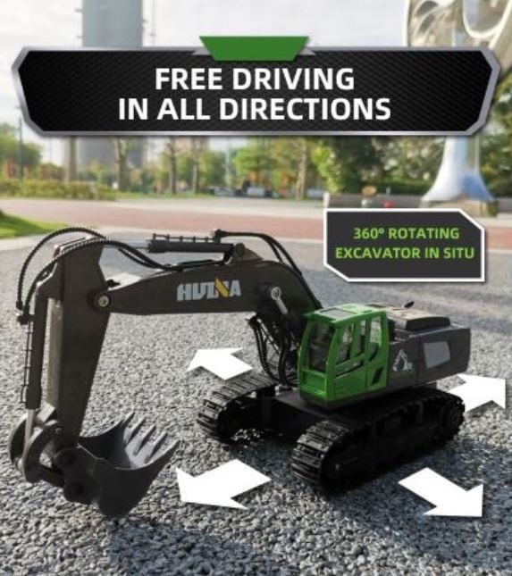 RC excavator Digger, HUINA 1558, 2.4G, 1:18, Alloy, Rechargeable, 11CH.