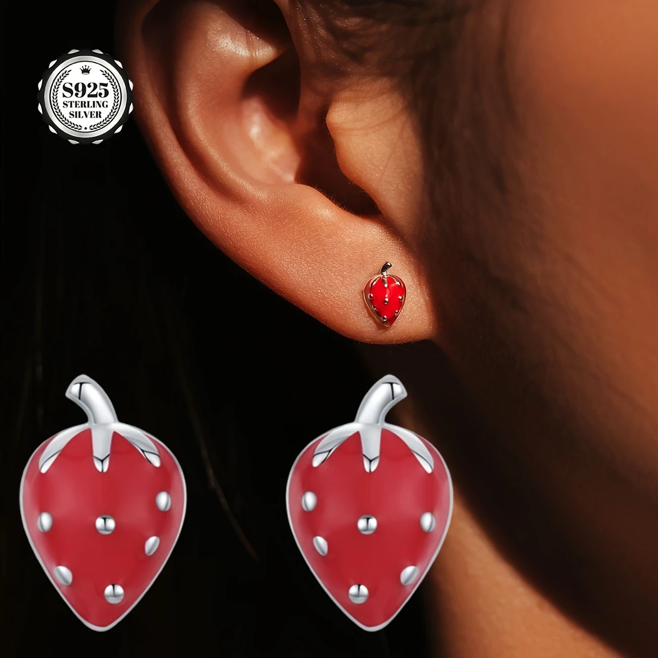 2pcs Women's Fashion Earrings S925 Silver Cute Strawberry Studs Sweet, Elegant Womens Earrings for Daily Outings, Photo Shoots, Parties, and Gifts for Girlfriends or Lovers