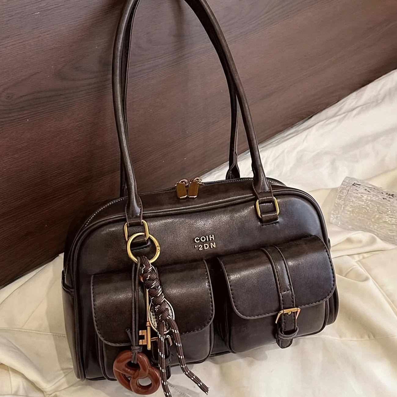 Women's Coffee Brown Multi-Pocket Shoulder Bag with Golden-Tone Hardware & Letter Embellishments Stylish Versatile Crossbody Purse for Travel, Work, Shopping, Dates, Work Handbag