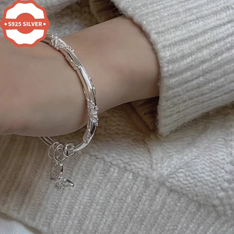 Luxury Boho Style 925 Sterling Silver Bangle 18K Golden Plated with Floral & Butterfly Charm