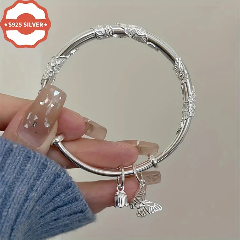 Luxury Boho Style 925 Sterling Silver Bangle 18K Golden Plated with Floral & Butterfly Charm