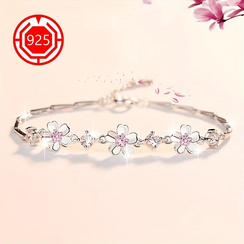 925 Sterling Silver Pink Flower Bracelet  Elegant Floral Design with Pink Crystals