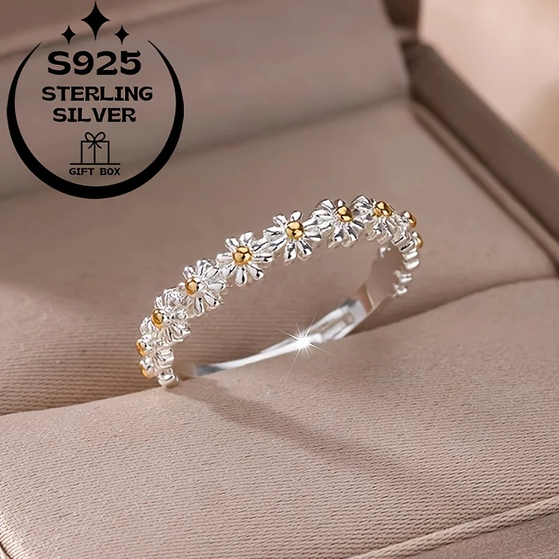 925 Silver Simple Daisy Flower Women's Ring Adjustable Open Design