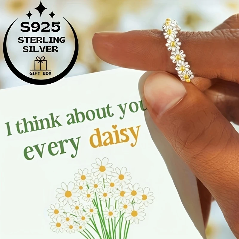 925 Silver Simple Daisy Flower Women's Ring Adjustable Open Design