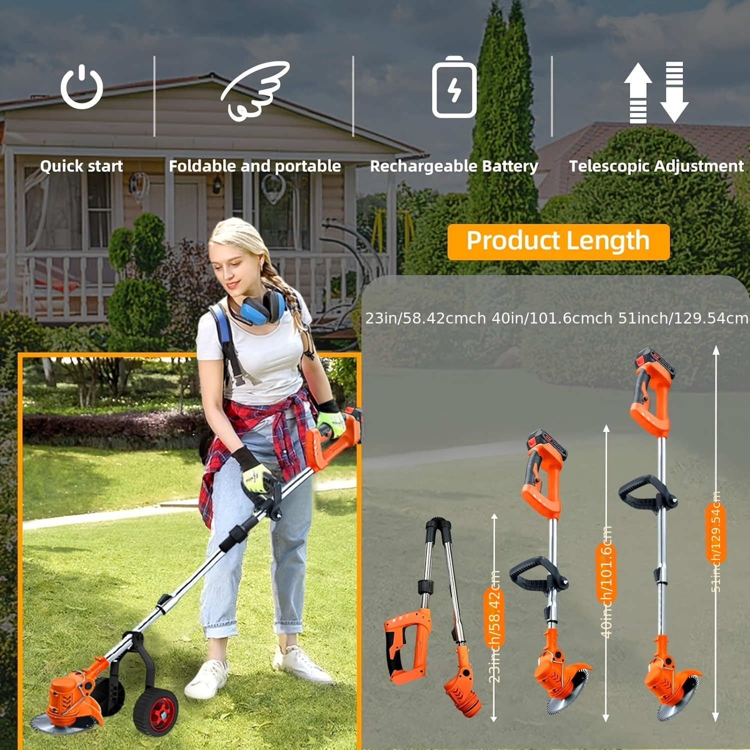 Electric Weed Wacker with Wheels Stringless Grass Trimmer, 4-in-1 Electric Weed Eater/Edger/Bush Trimmer/Mower, Length & Angle Adjustable Weed Trimmer with 2Pcs 21V/2000mAh Battery