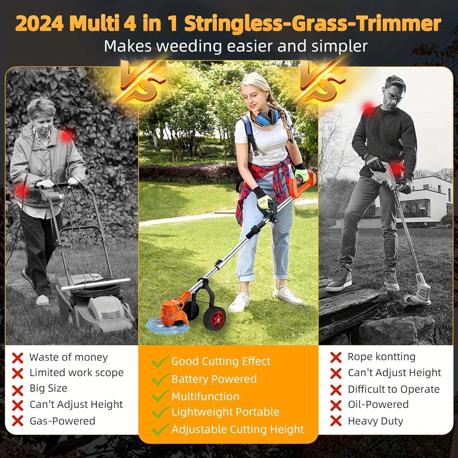 Electric Weed Wacker with Wheels Stringless Grass Trimmer, 4-in-1 Electric Weed Eater/Edger/Bush Trimmer/Mower, Length & Angle Adjustable Weed Trimmer with 2Pcs 21V/2000mAh Battery