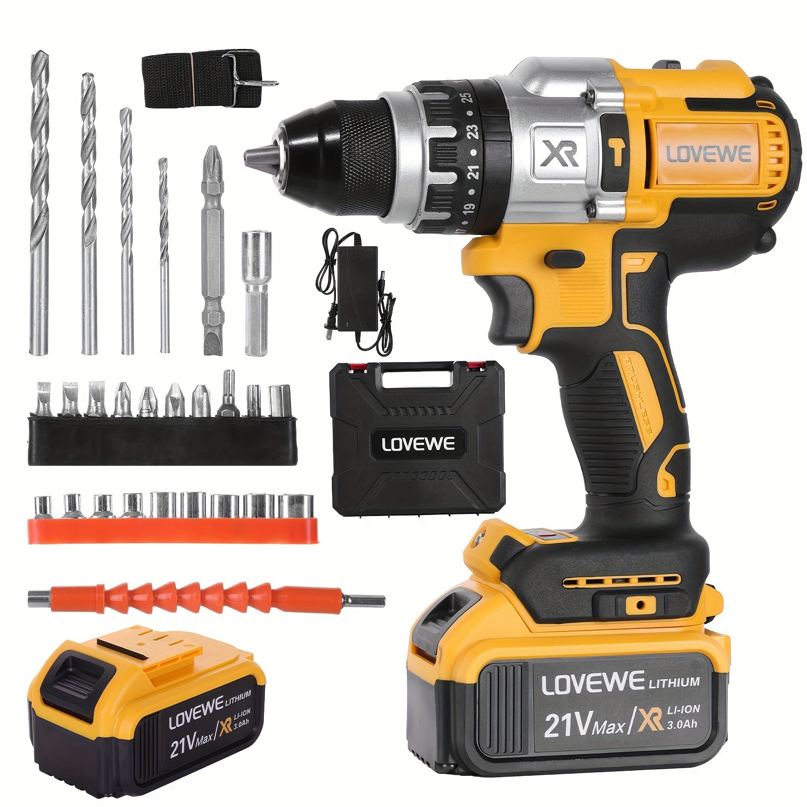 Cordless Drill, 21V 1850RPM Power Drill Set With 2x3000mAh Battery And Charger, 25+1 Torque Setting, 1/2'' Keyless Chuck, 2 Variable Speed, Electric Drill Set With Built-in LED Light