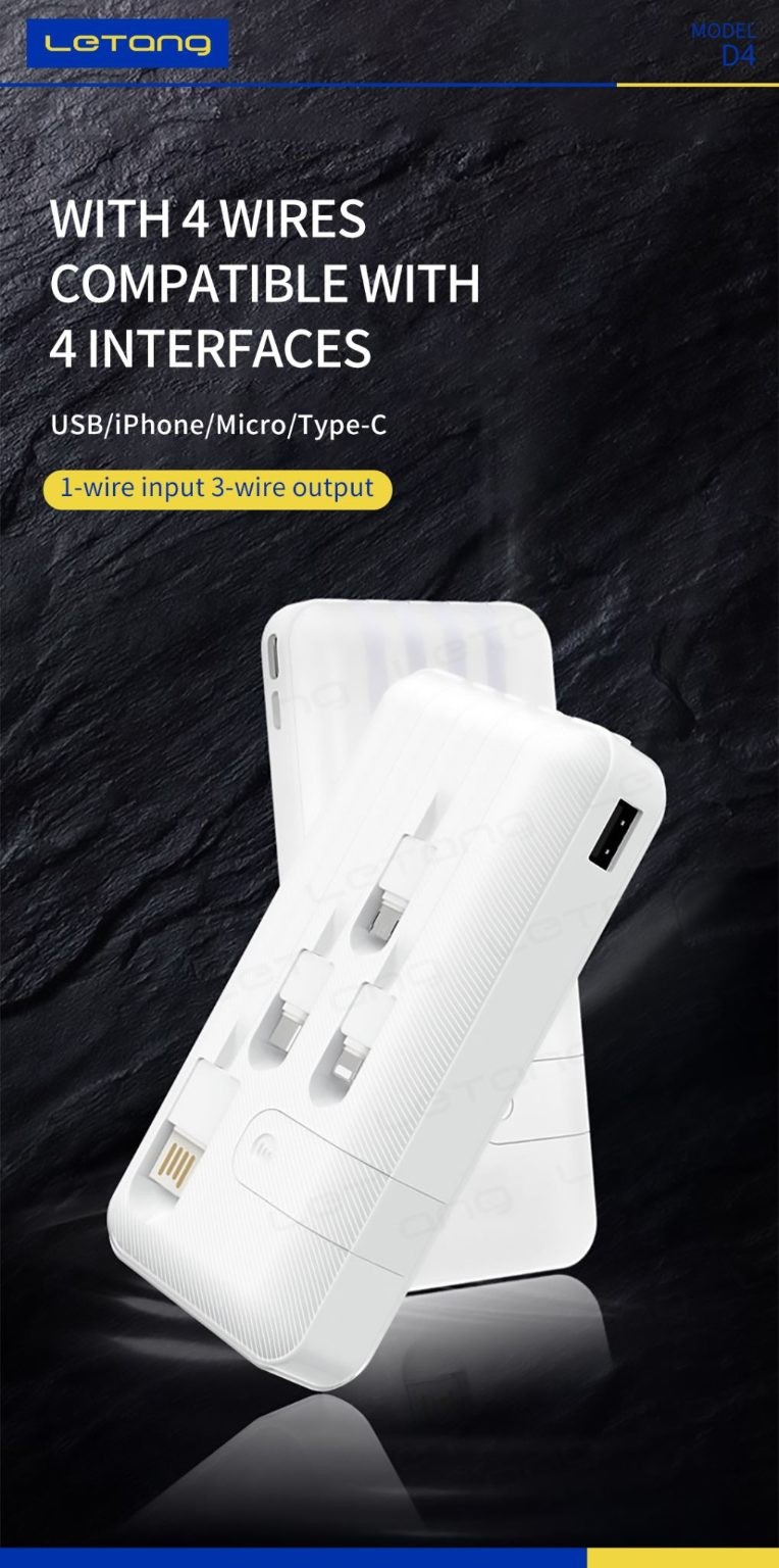 Power Bank, 20000mAh, build in 4 wire, White