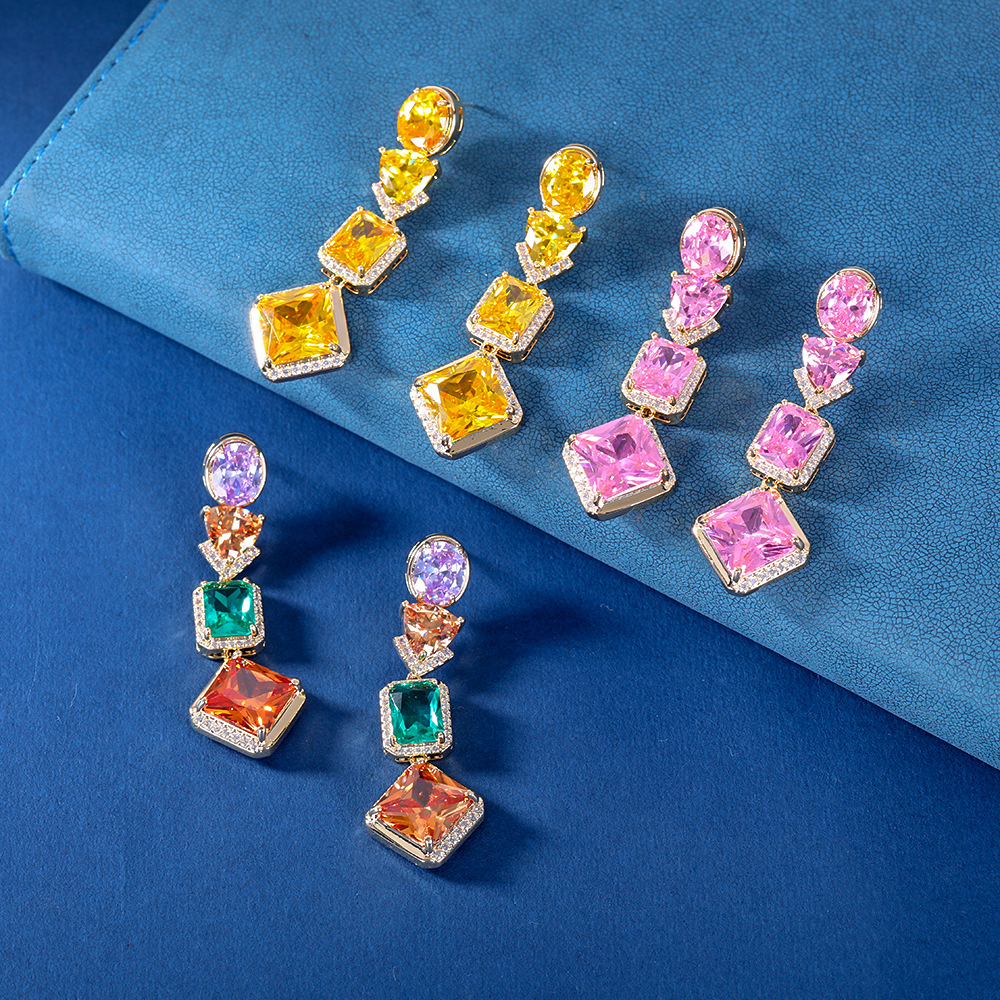 Tassel Geometric Water Drop Color Zircon 18K Gold Luxury Niche Temperament S925 Silver Stud Earrings