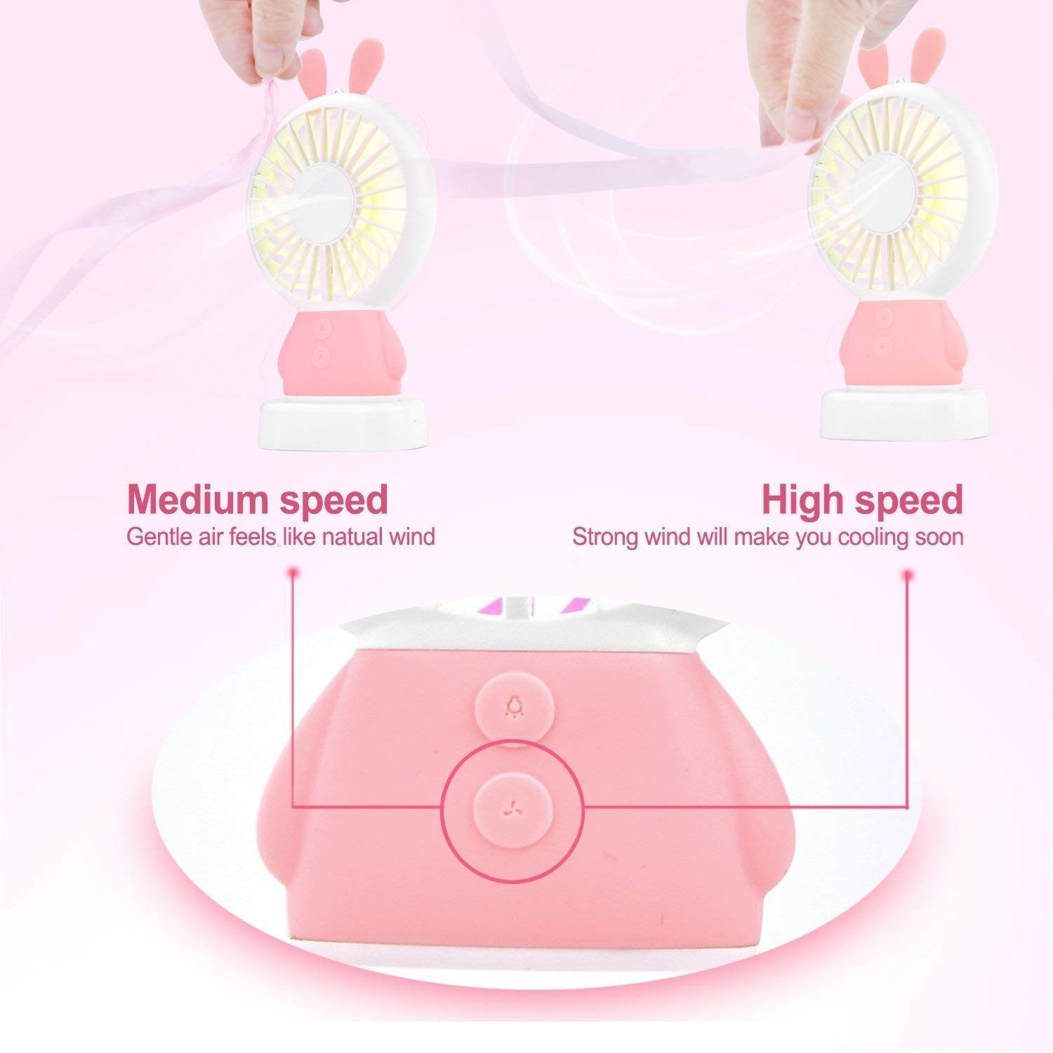 Handheld Fan, Rechargeable Multi-color LED, Pink Rabbit, Gift for Kids