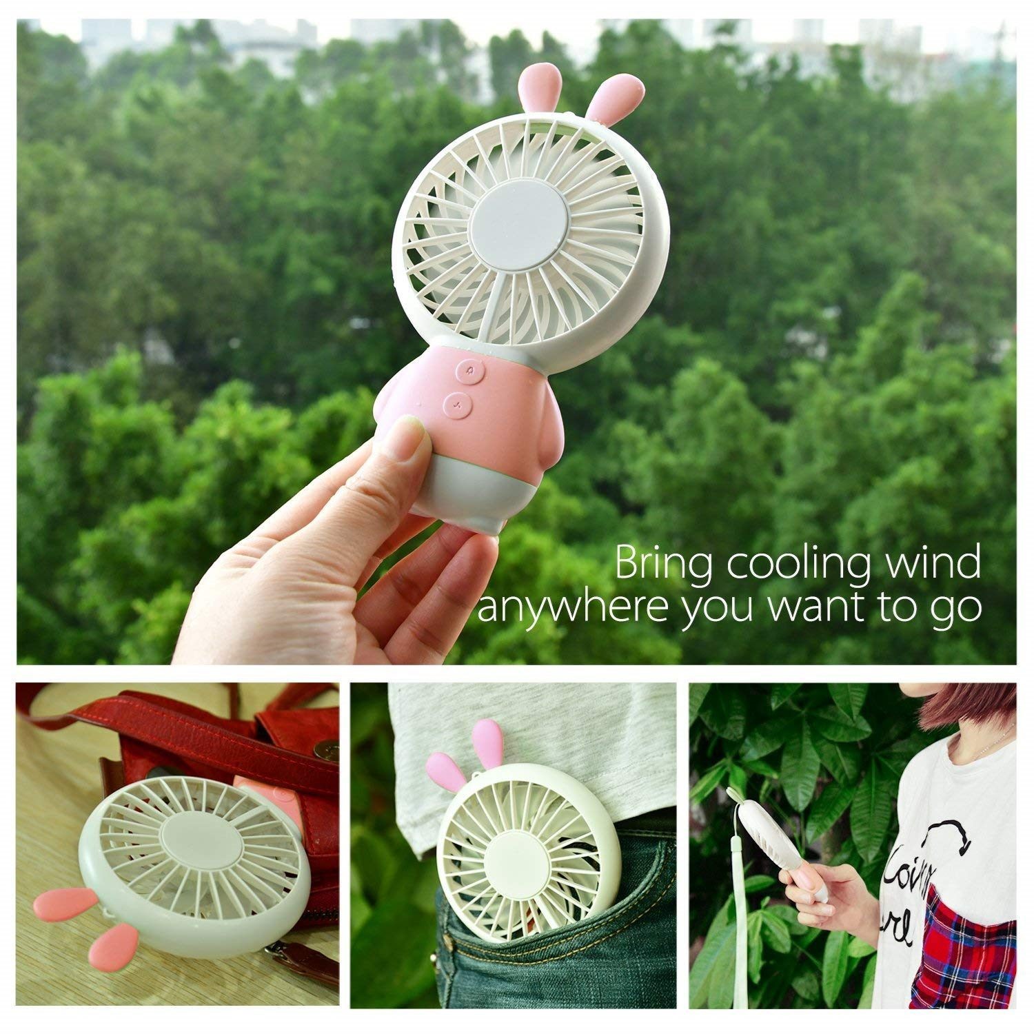 Handheld Fan, Rechargeable Multi-color LED, Pink Rabbit, Gift for Kids