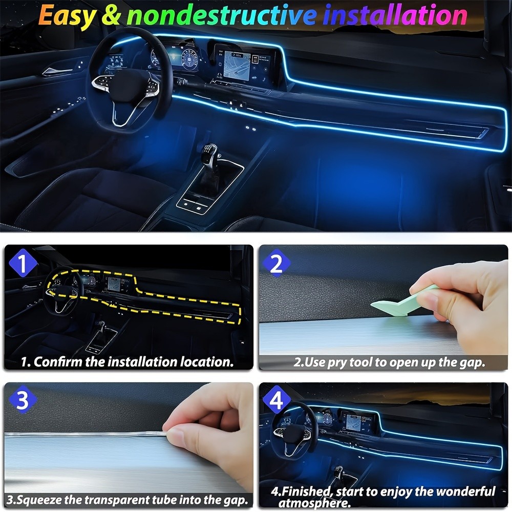 196 Inch Car Interior LED Strip Lights, RGB USB Ambient LED Lighting Kit with App Control, Fiber Optics & Music Sync Rhythm for Car Door, Console & Dashboard