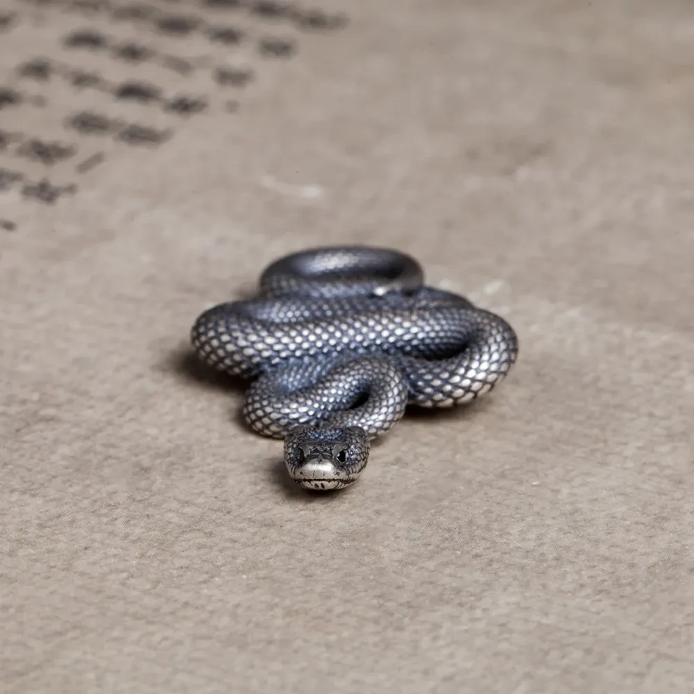 925 Sterling Silver Snake Pendant Keychain Pendant Distressed Retro