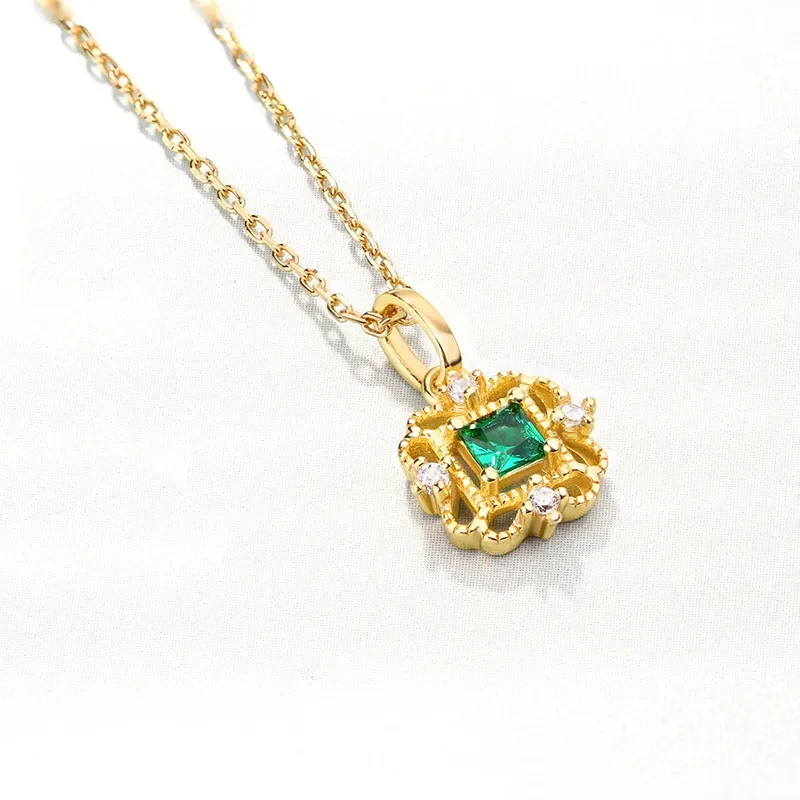 Vintage Green Square Zircon Pendant Female Wild Silver Pendant