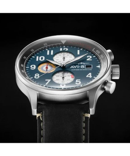 AVI-8 Hawker Hurricane Classic Chronograph Midnight Black Leather Strap Blue Dial Quartz AV-4011-0I Men's Watch