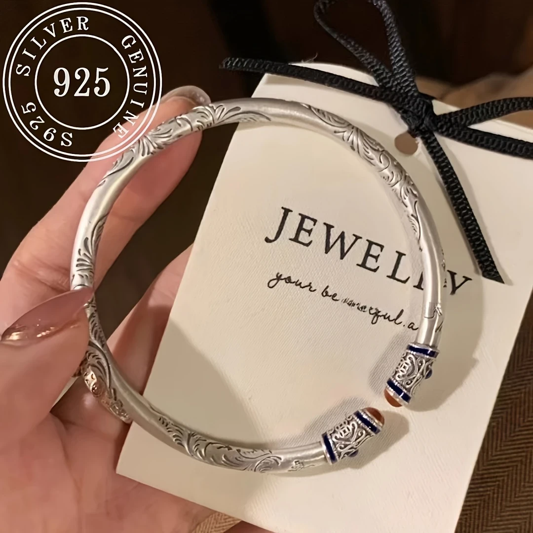 925 Silver Tang Grass Pattern Womens Fashion Open Bangle  Chinese Style Vintage Solid Hand Chain, All-Season Accessory for Daily Wear and Gift Giving
