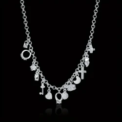 925 Sterling Silver 45cm (18inch) Chain Necklace with Thirteen Pendant Multi-Element  Fashion Simple Silver Jewelry for Women, Men, and Lady