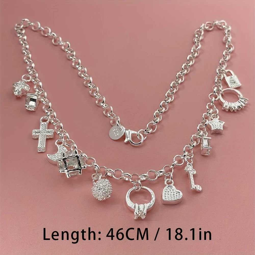 925 Sterling Silver 45cm (18inch) Chain Necklace with Thirteen Pendant Multi-Element Fashion Simple Silver Jewelry for Women, Men, and Lady