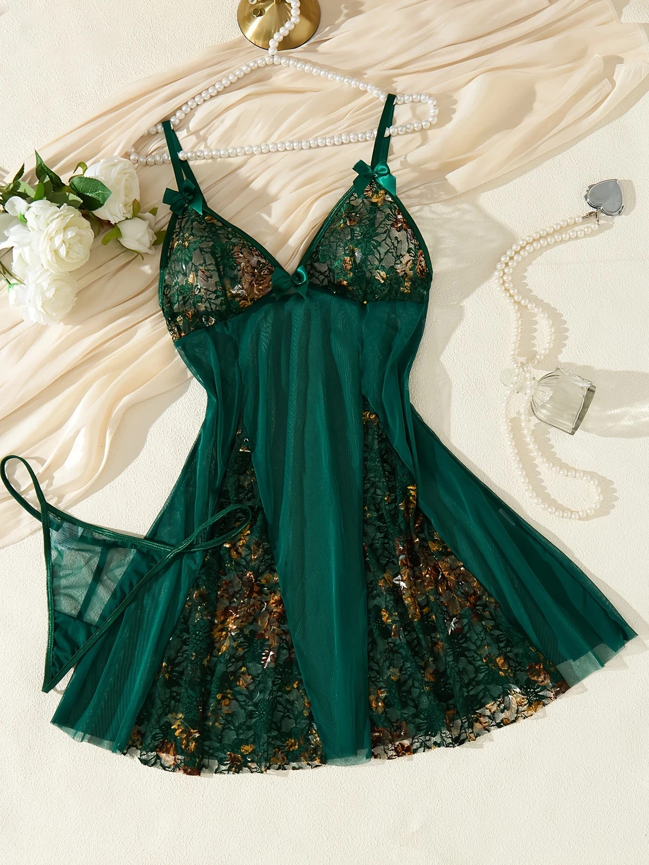 Sheer Nightgown with Sexy Embroidered Floral Designs and a Bow Elegant Lingerie for Women