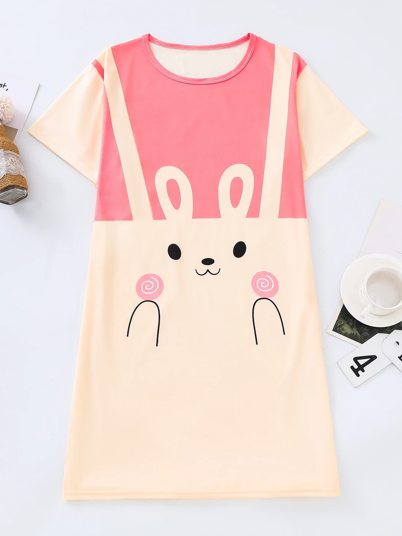 Adorable Rabbit Print Womens Nightdress Lightweight & Comfortable Short Sleeve Tee Dress with Soft Round Neck, Loose Fit for Summer Sleep and Lounge