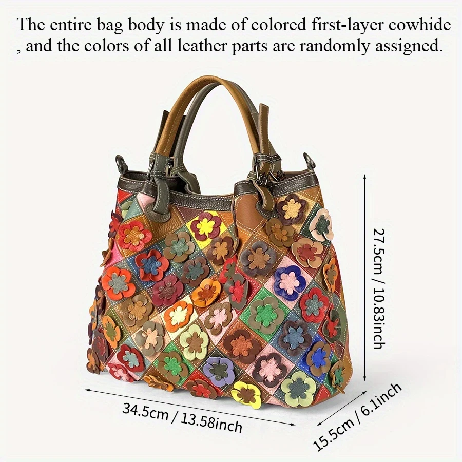 Genuine Leather Women's Handbag  Large Capacity Multi-Color Floral Print Shoulder Bag with Adjustable Strap, Zipper Closure & Polyester Lining