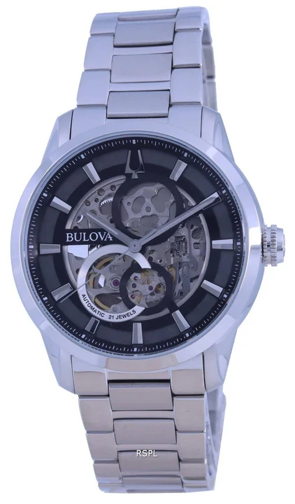 Bulova Classic Skeleton Black Dial Stainless Steel Automatic 96A208 Mens Watch