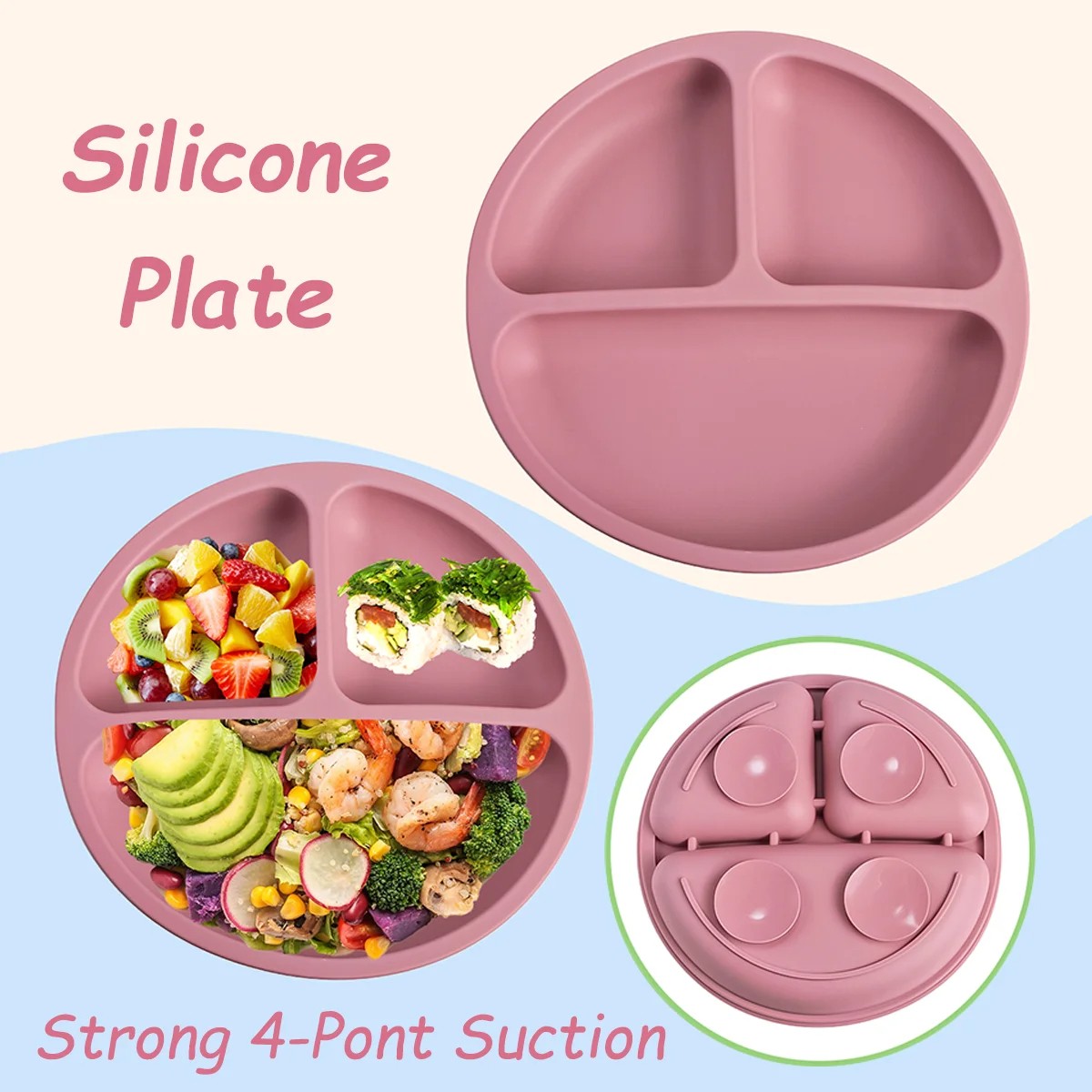 Silicone Baby Feeding Set  BPA-Free Suction Bowl, Divided Plate, Spoon, Fork & Bibs