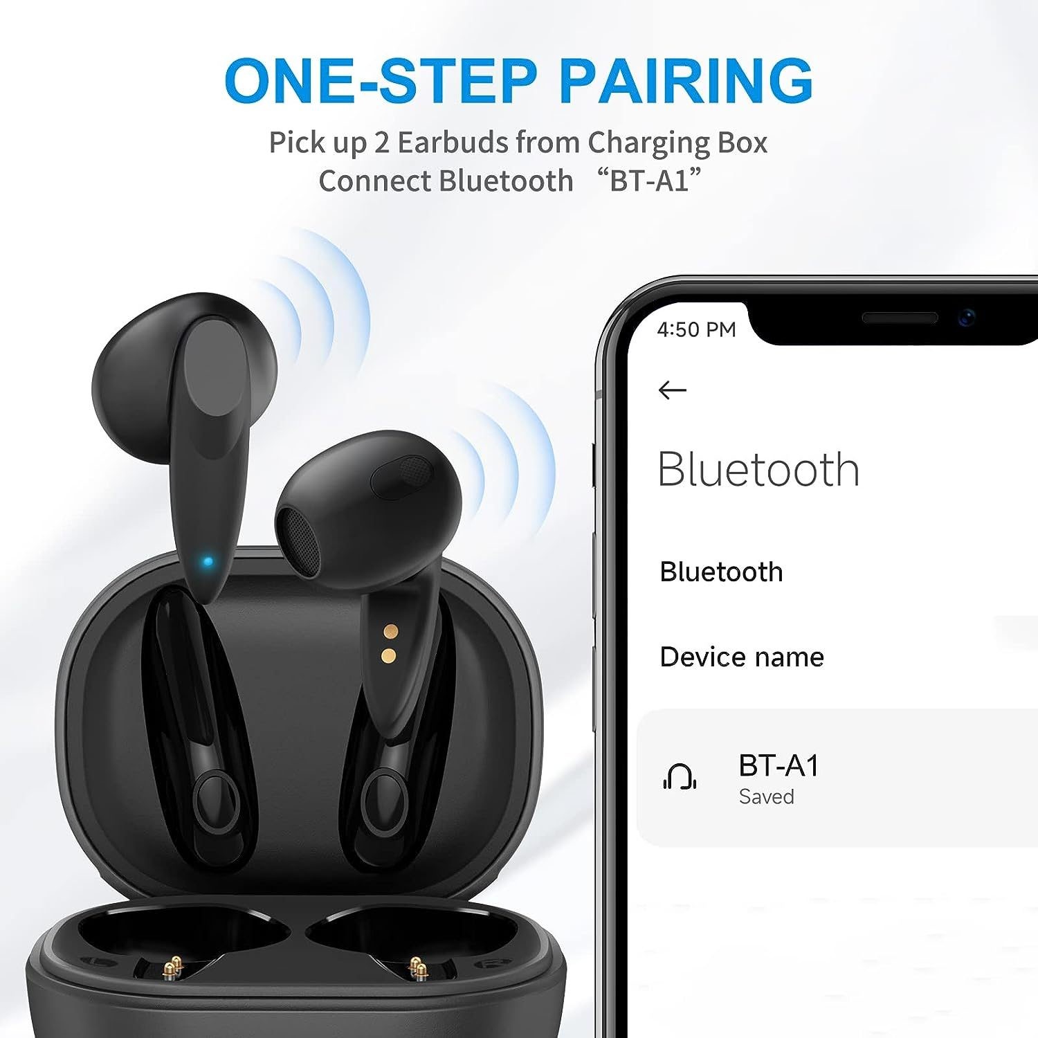 True Wireless Stereo Earbuds, HiFi Sound, Black.