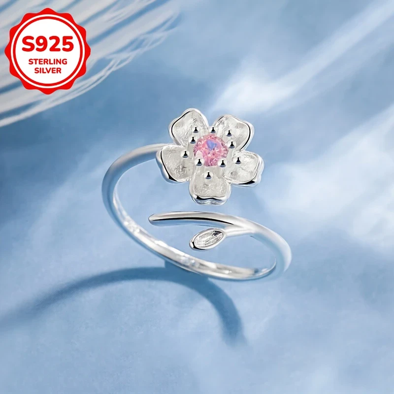 Elegant Sakura Adjustable Ring 925 Silvery Set with Shining Zirconia for Daily and Vacation Wear