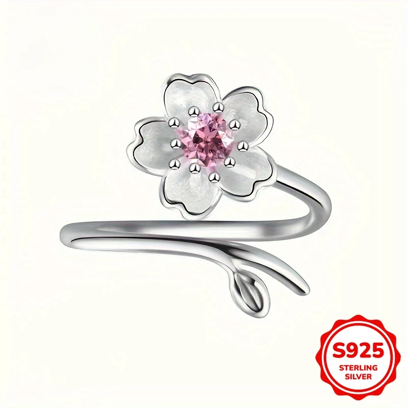 Elegant Sakura Adjustable Ring 925 Silvery Set with Shining Zirconia for Daily and Vacation Wear