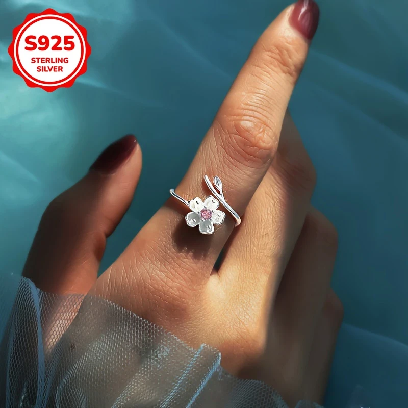 Elegant Sakura Adjustable Ring 925 Silvery Set with Shining Zirconia for Daily and Vacation Wear