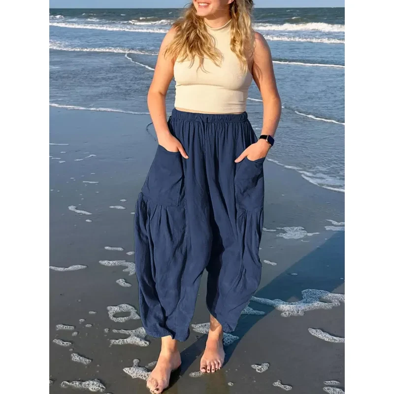 Fashion Wide Leg Pants Summer Loose Elastic High Waist Pleated Trousers