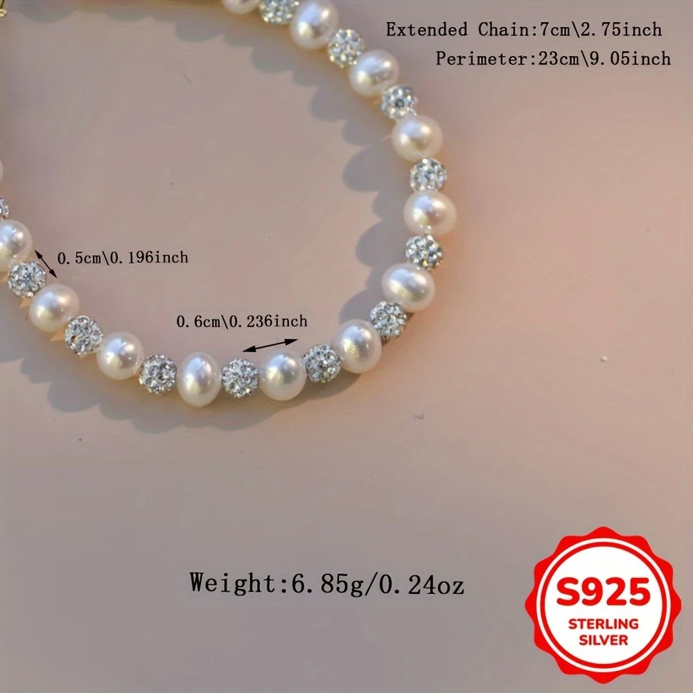 1pc S925 Pearl Necklace & Bracelet Set Elegant Vintage Style 925 Sterling Silver with Cubic Zirconia Accents | Lightweight 6.85g | Perfect Mothers Day Gift NZ