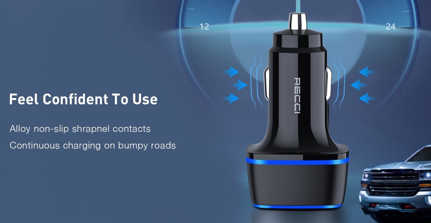 Car Charger, Double Port Output, PD 20W and QC3.0, Recci Brand.