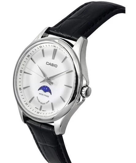 Casio Standard Analog Moon Phase Leather Strap Silver Dial Quartz MTP-M100L-7A Men's Watch