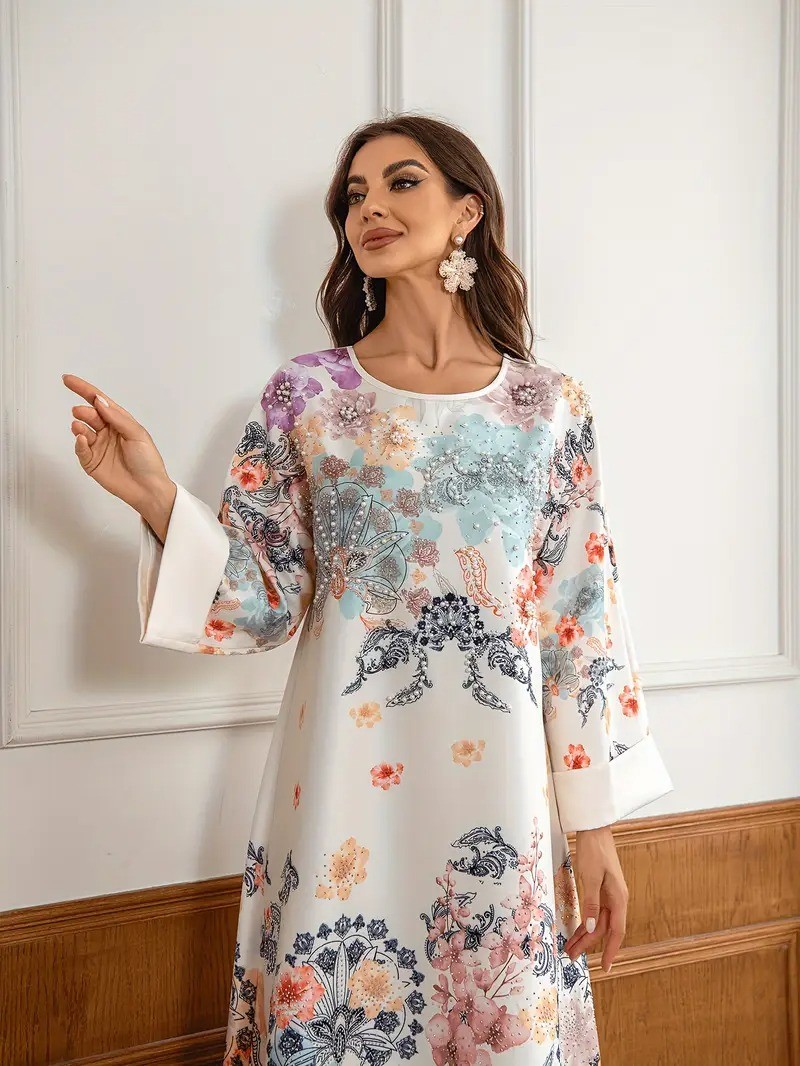 Elegant Floral Print Long Kaftan Dress