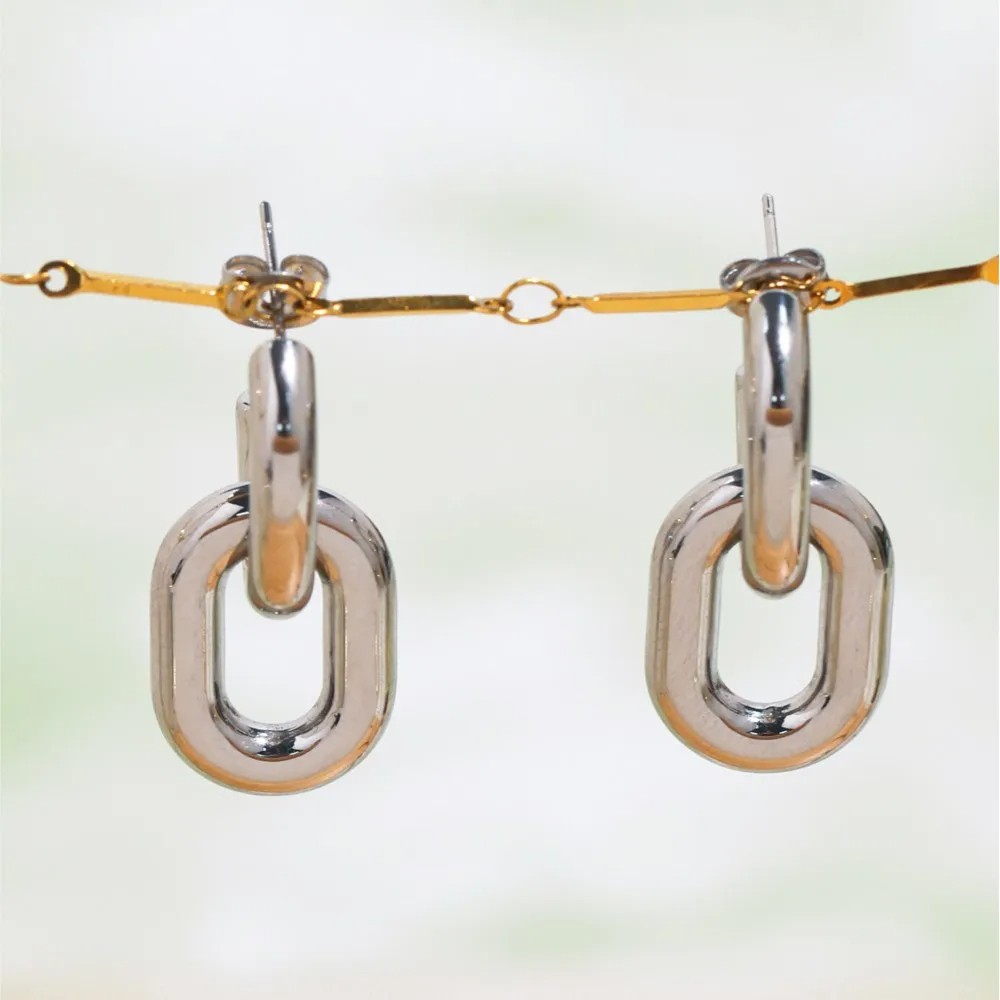 Two-Tone Oval Circular Ring Dangle Earrings in Stainless Steel  18K Gold Plated