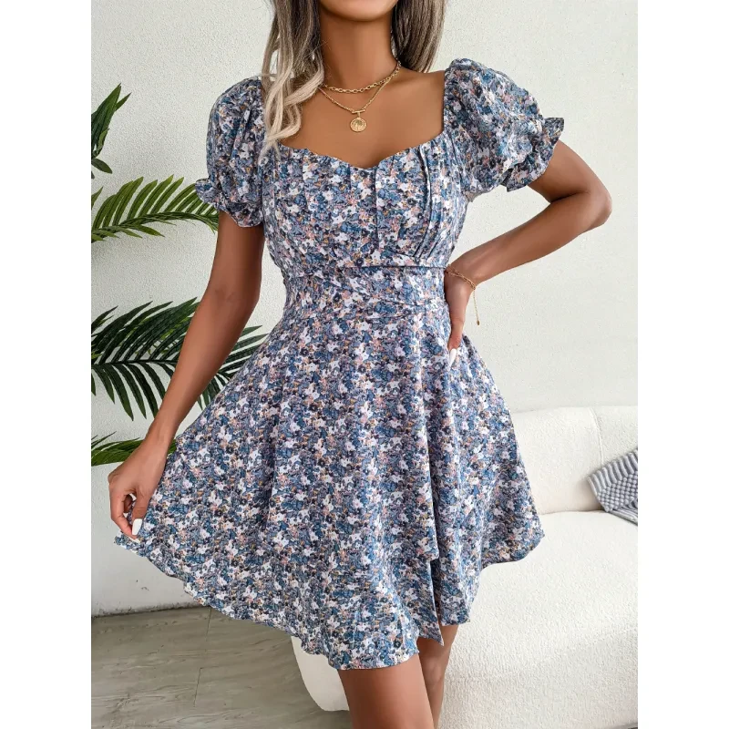 Women Mini Dress Temperament Big Swing Loose Hem Flower Print Shirring Dress Up Short Sleeves High Waist Summer Dress Clothes