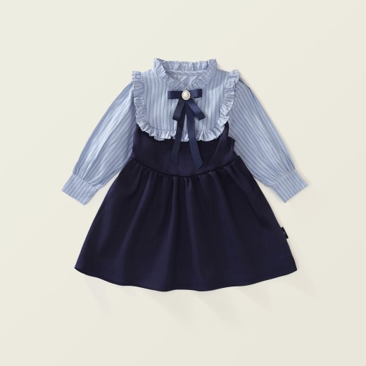 Fake Two-piece Korean Striped Contrast Color Long Sleeve Skirt