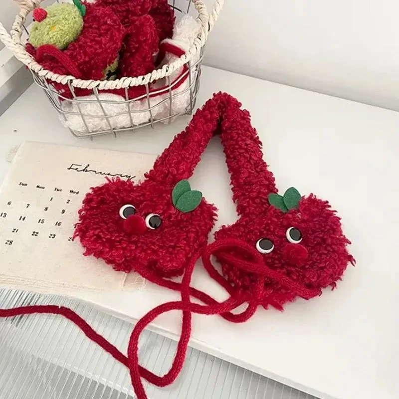 Cute Apple Shape Design Red Plush Earmuffs For Women Autumn And Winter Warm Ear Protection Fashion Versatile Straps Hairband